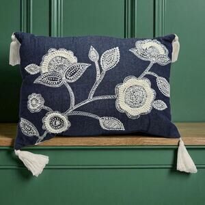 Embroidered White Floral Beaded Flower Decorative Navy Denim Lumbar Throw Pillow